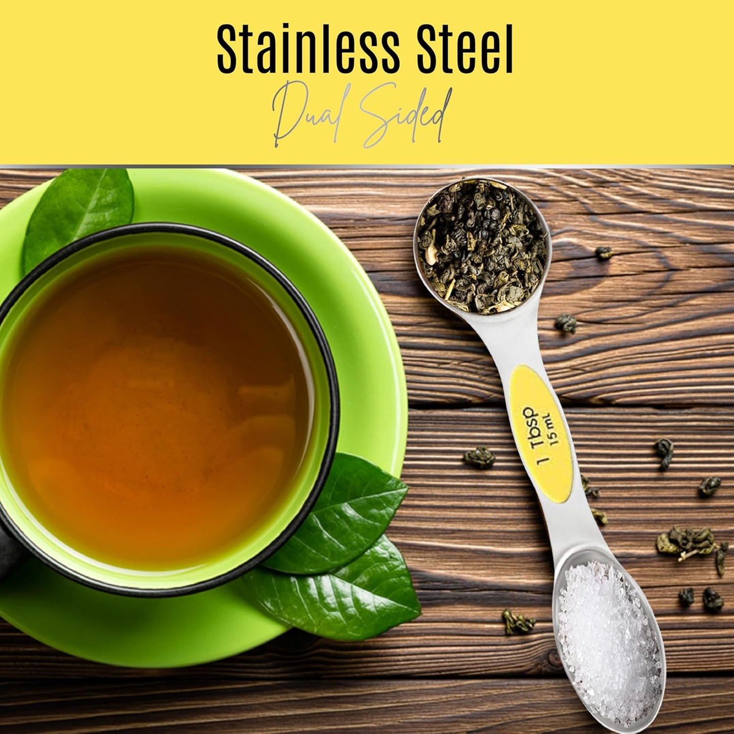 Magnetic Measuring Spoons Set of 9 Stainless Steel Dual-Sided Stackable Measuring Spoon Nesting Teaspoons Measuring Dry and Liquid Ingredients, Fits in Spice Jars Set of 9 (Yellow)