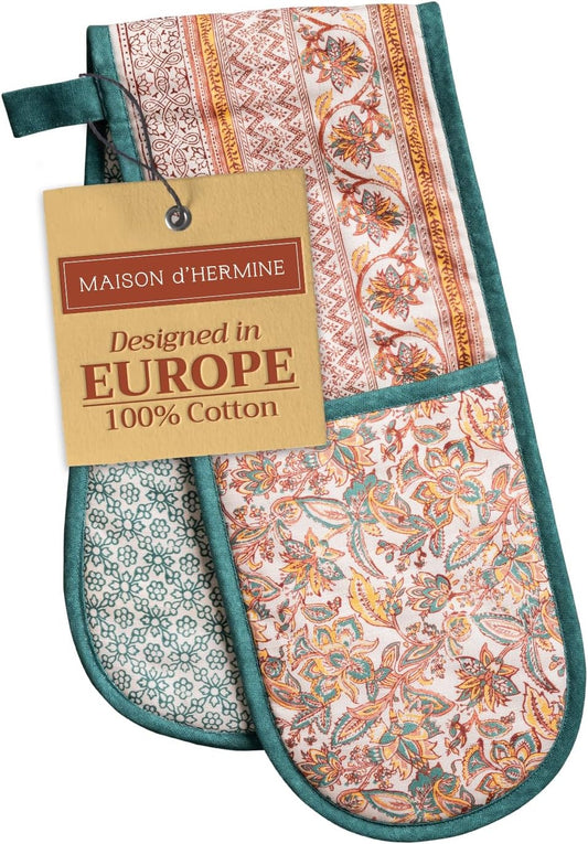 Maison d' Hermine Double Oven Mitt (7" x 35") 100% Cotton Heat Resistant BBQ Cooking Gloves with Loop for Thanksgiving Christmas Decorations Baking Cooking Barbeque Handling Hot Pan (Nila)