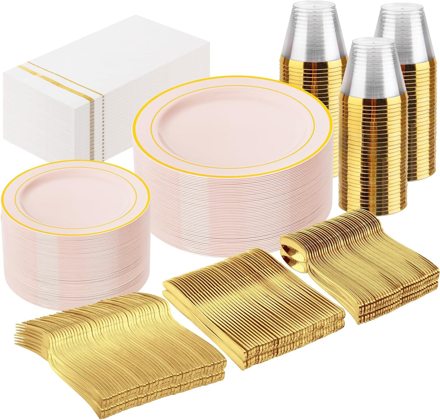 GATHER 350PCS Pink Plastic Plates - Disposable Plastic Dinnerware Set Include 100 Pink Plates, 150 Silverware, 50 Napkins, 50 Cups for Party & Wedding