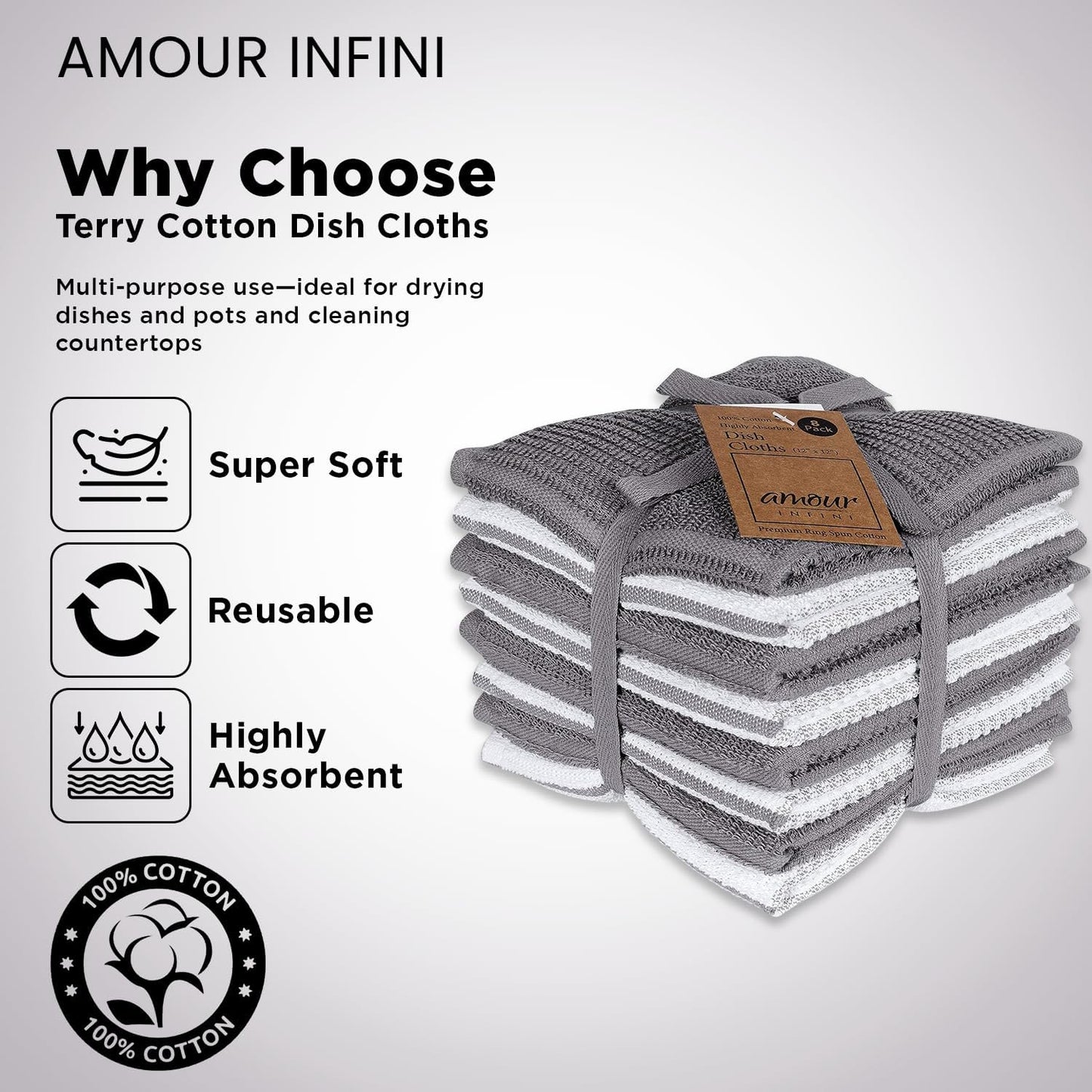 AMOUR INFINI Dish Cloths for Washing Dishes Set of 8 - Highly Absorbent, Super Soft Kitchen Dishcloths - Reusable Quick Dry Dish Rags for Cleaning & Drying Kitchen Linens (12x12 Inch - L.Grey)