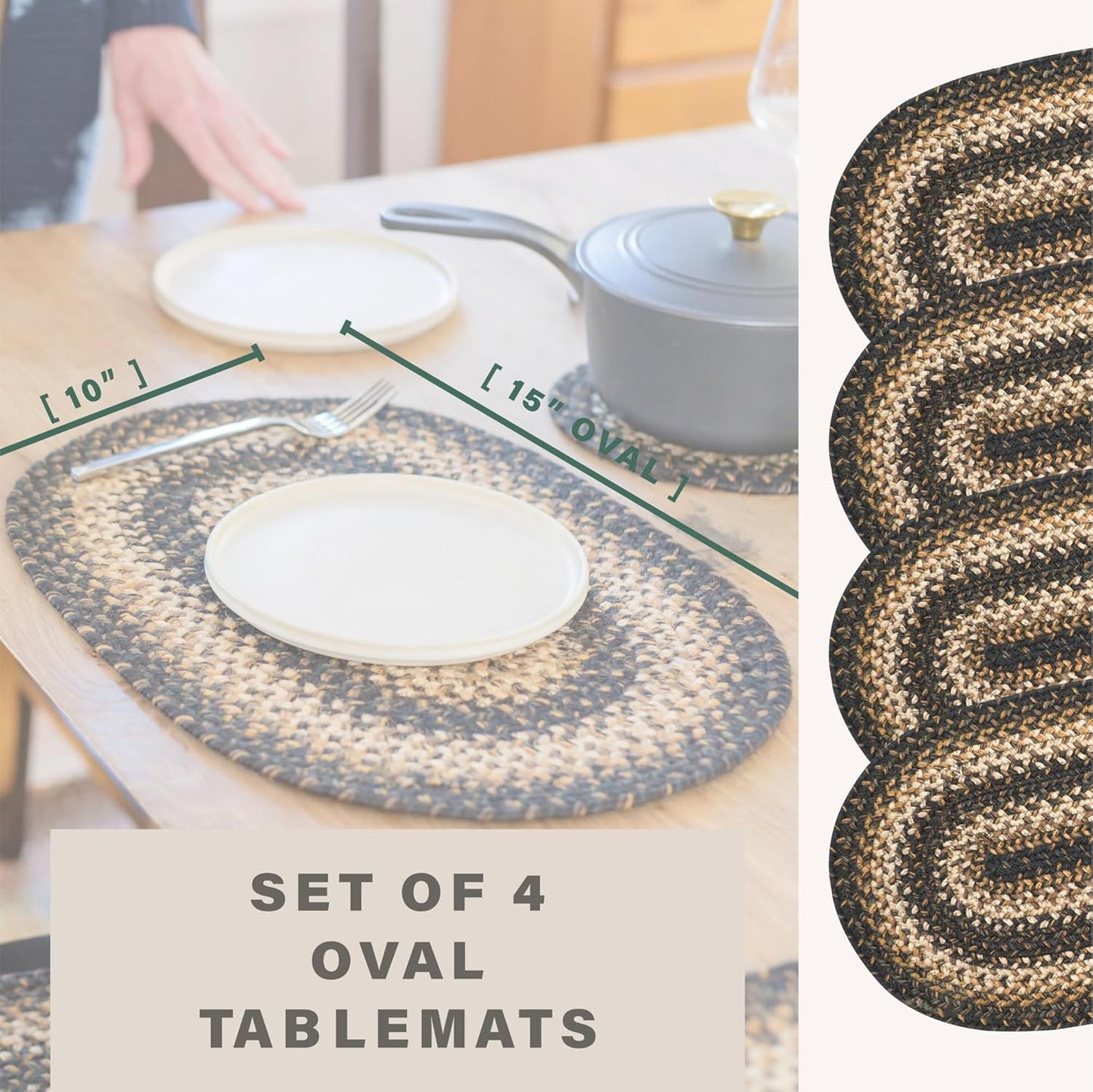 Homespice Kilimanjaro Premium Jute Braided Placemat Set of 4 Oval 10x15 Black Reversible, Natural Jute Yarn Rustic, Country, Primitive, Farmhouse Style