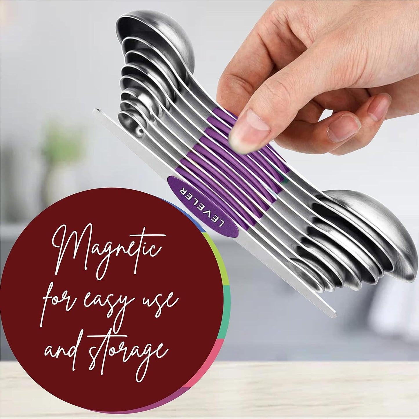 Magnetic Measuring Spoons Set of 9 Stainless Steel Dual-Sided Stackable Measuring Spoon Nesting Teaspoons Measuring Dry and Liquid Ingredients, Fits in Spice Jars Set of 9 (Purple)