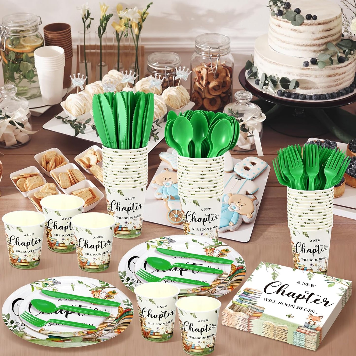Dandat 350 Pcs Baby Shower Plates Set Baby Shower Party Supplies Serves 50 Tableware Sets Include Plates Napkin Cup Forks Knives Spoons Disposable Dinnerware(Storybook,Green)