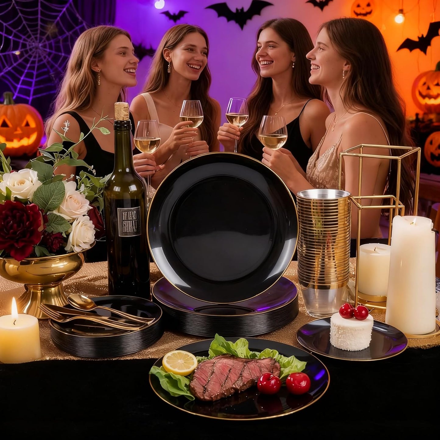 WDF 150PCS Black Plastic Plates - Black and Gold Plates Disposable - 25guest Disposable Dinnerware Sets for Party/Wedding/Halloween/New Year