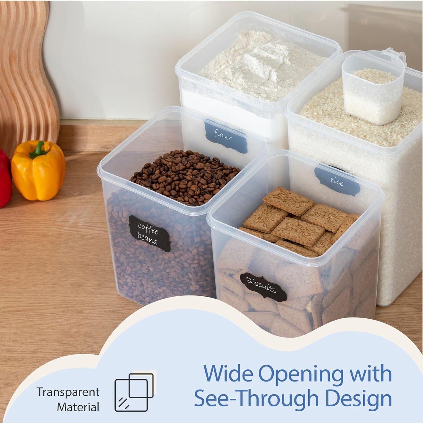 Chef's Path Large Airtight Food Storage Containers with Lids, Pack of 6, 3pcs 6.5L and 3pcs 5.2L, Kitchen and Pantry Canisters for Sugar, Flour, and Baking Supplies - Transparent