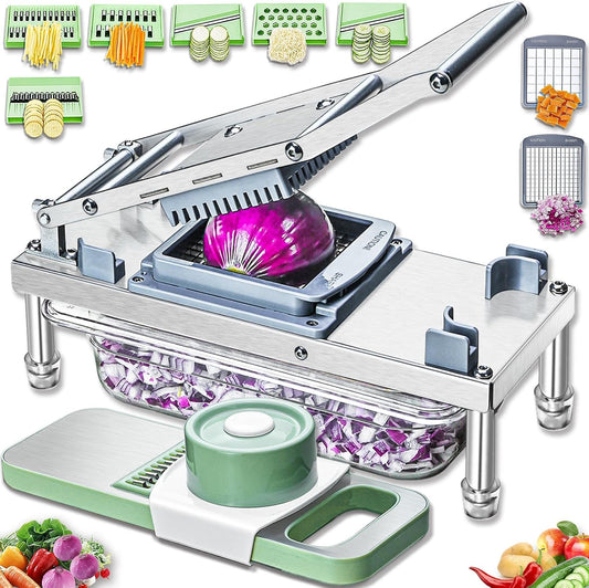 Stainless steel Vegetable Chopper, Veggie Chopper With 8 Blades, Onion Dicer with Container, Food Cutter & Grater Mandoline Slicer