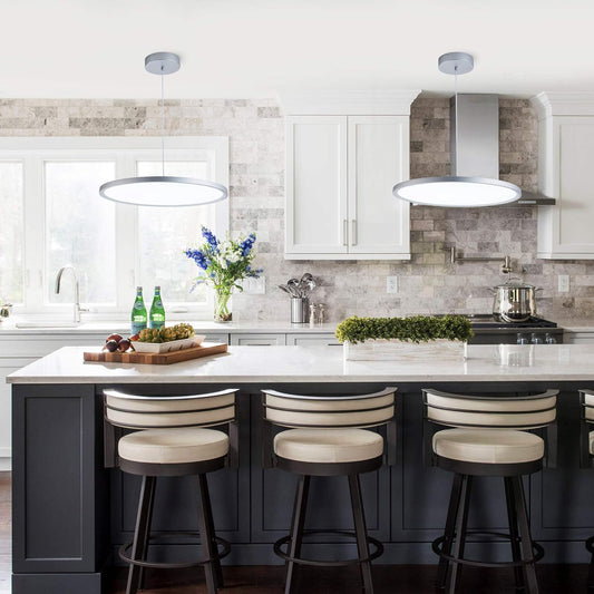 MADEM Modern LED Pendant Light 23.6'' Disc Chandelier Hanging Lighting Fixture with Acrylic Shape Dimmable Contemporary Chandelier 6000K for Office Dining Room Meeting Room Kitchen Island, Silver