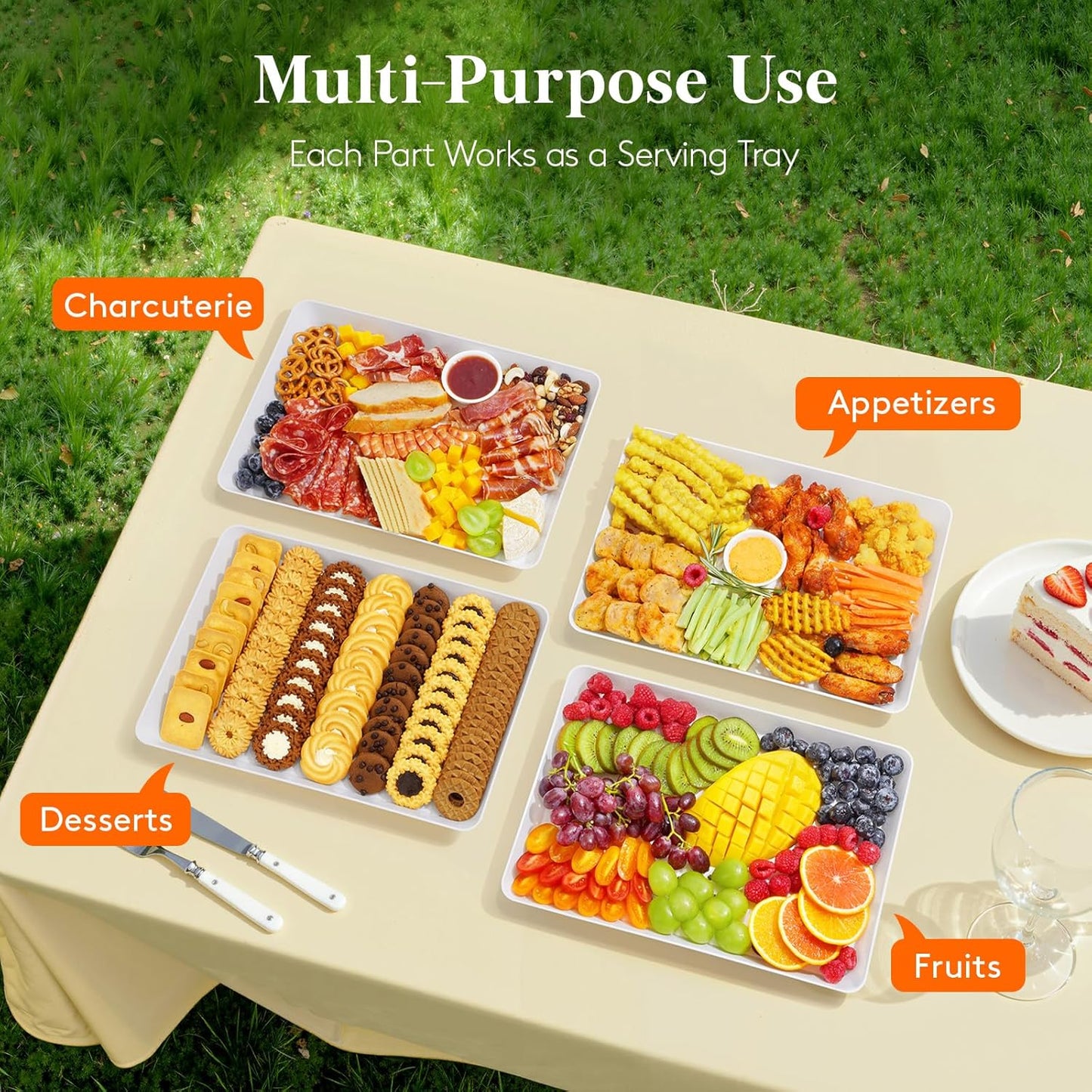 Lifewit Plastic Serving Tray for Party Supplies, White Trays for Serving Food, Reusable Large Platter for Buffet, Fruit, Dessert, Snack, Veggie, Kitchen and Outdoor Use, Rectangle, 14" x 10", 4 Pcs