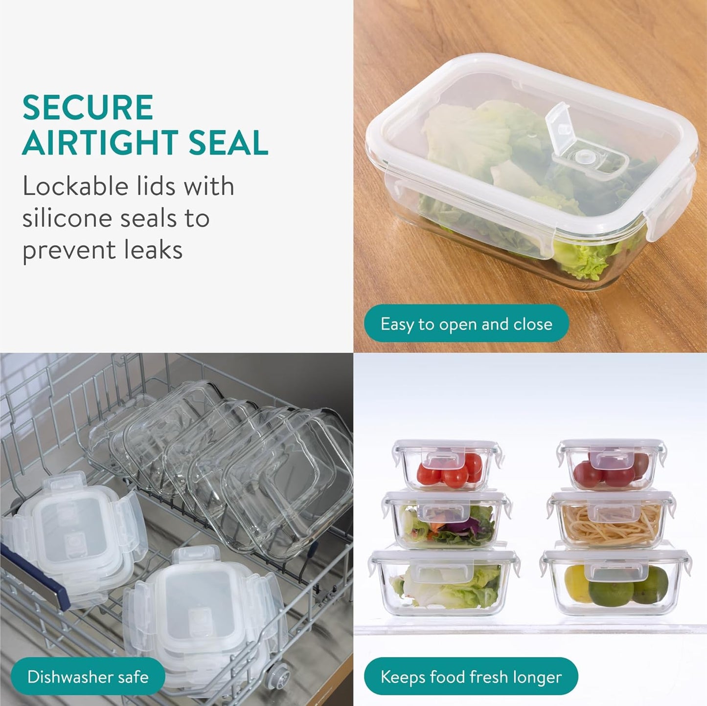 Navaris Glass Food Storage Containers with Lids - Set of 6, Airtight & Lockable - Reusable Meal Prep Containers for Lunch, Leftovers & Picnic - Microwave, Dishwasher & Oven Ready