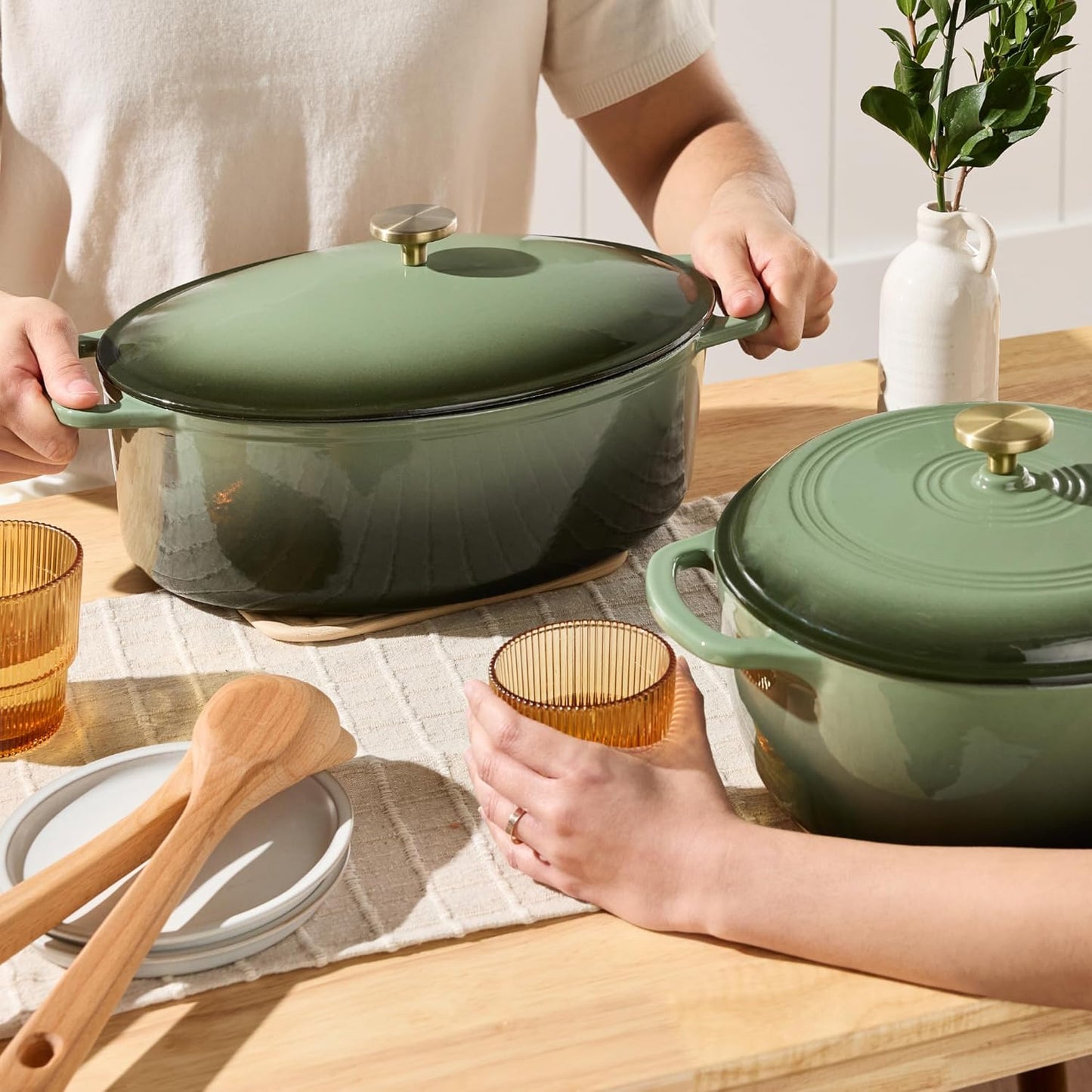 Best Choice Products Oval 7.5 Quart Enamel Cast-Iron Dutch Oven, Heavy-Duty Pre-Seasoned for Baking, Cooking w/Side Handles – Deep Olive Green