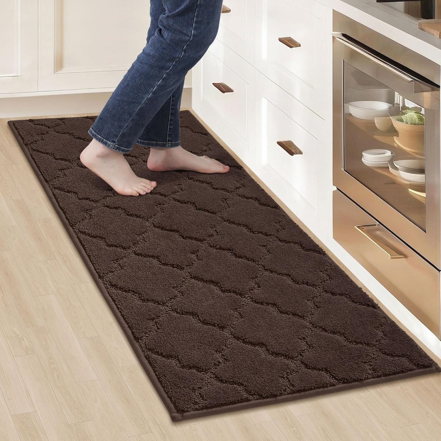 COSY HOMEER-Kitchen-Rugs 20"x48" Non-Slip Absorbent Soft Kitchen Runner Rug Polyester Kitchen Mats for Floor Washable Kitchens Standing Floor Mat for Sink Mat,Hallway,Laundry,Brown