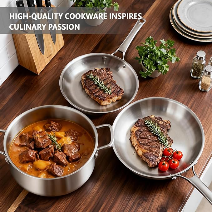 Bonnlo 11 Pieces Cookware Set, 3-Ply Stainless Steel Pots and Pans Set with Lids, Non-Toxic Kitchen Set, Oven & Dishwasher Safe, Induction Cooking Set, PFOA & PTFE Free (11 Pieces Set)