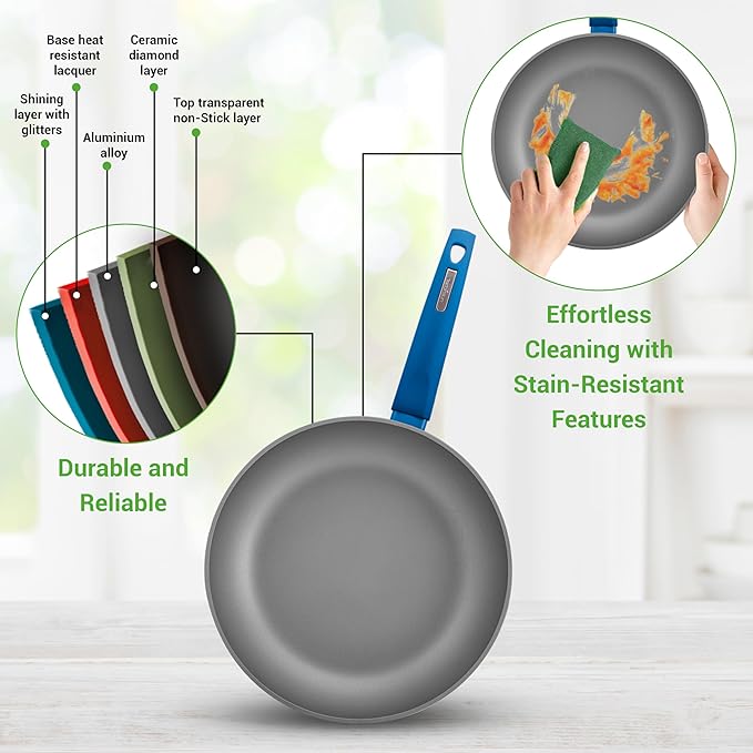 NutriChef 12-Piece Nonstick Kitchen Cookware Set - PFOA/PFOS-Free Heat Resistant Lacquer Kitchen Ware Pots Pan Set Light Gray/Blue - Saucepot, Pans, Cooking Pot Oven Pot, Lid, Utensils