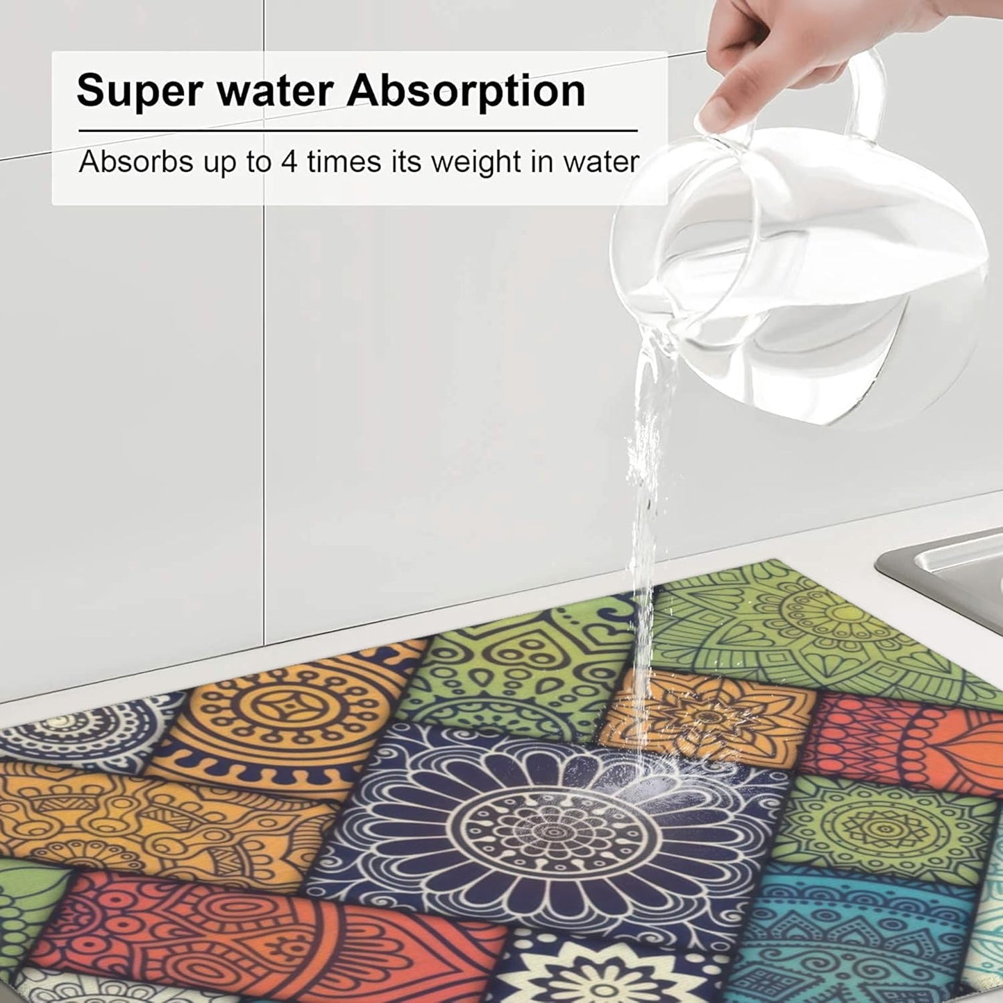 Retro Boho Dish Drying Mat 18x24 Inch, Microfiber Absorbent Fast Dry Mat Mandala Large Dish Mat Drying Kitchen Mat, Kitchen Drying Pad for Kitchen Counter Coffee Bar Decor Gifts