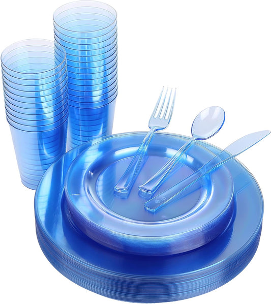 Blue Plastic Party Supplies - 150 PCS Reusable Disposable Neon Set: 25 Dinner Plates, 25 Salad/Dessert Plates, 25 Forks, 25 Spoons, 25 Knives, 25 Cups