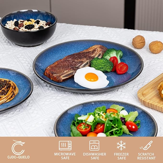 Plates and Bowls Sets for 6 - CJDC-QUELO 18-Piece Stoneware Dinnerware Sets, Ceramic Dishware Set for Indoor Kitchen Use and Formal Dining, Chip and Scratch Resistant Microwave Dishwasher Safe, Blue