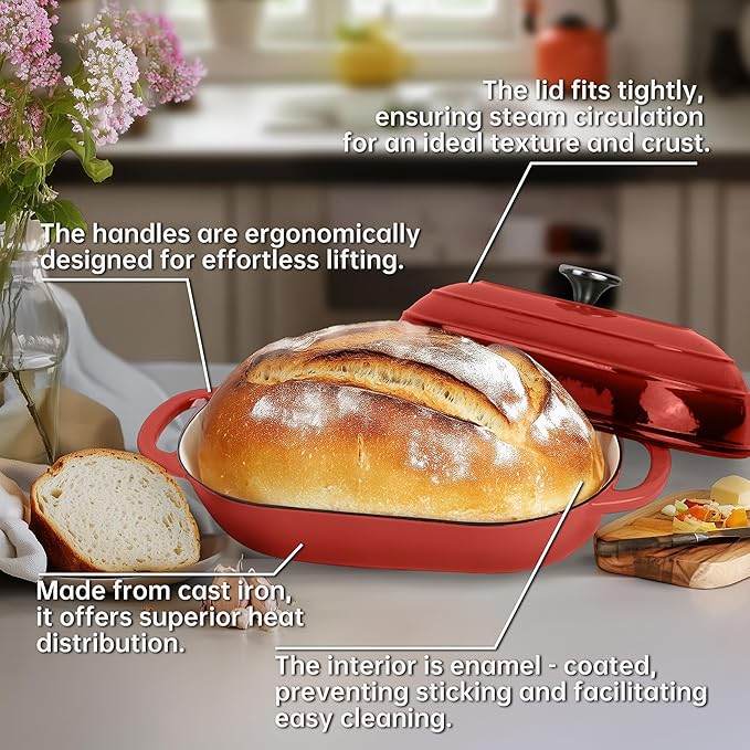 Premium Enameled Cast Iron Dutch Oven for Bread Baking | Non-Stick 2QT Oval Bread Oven with Lid | Perfect for Sourdough, Loaf, and Artisan Baking (Oval Red, 5 QT)