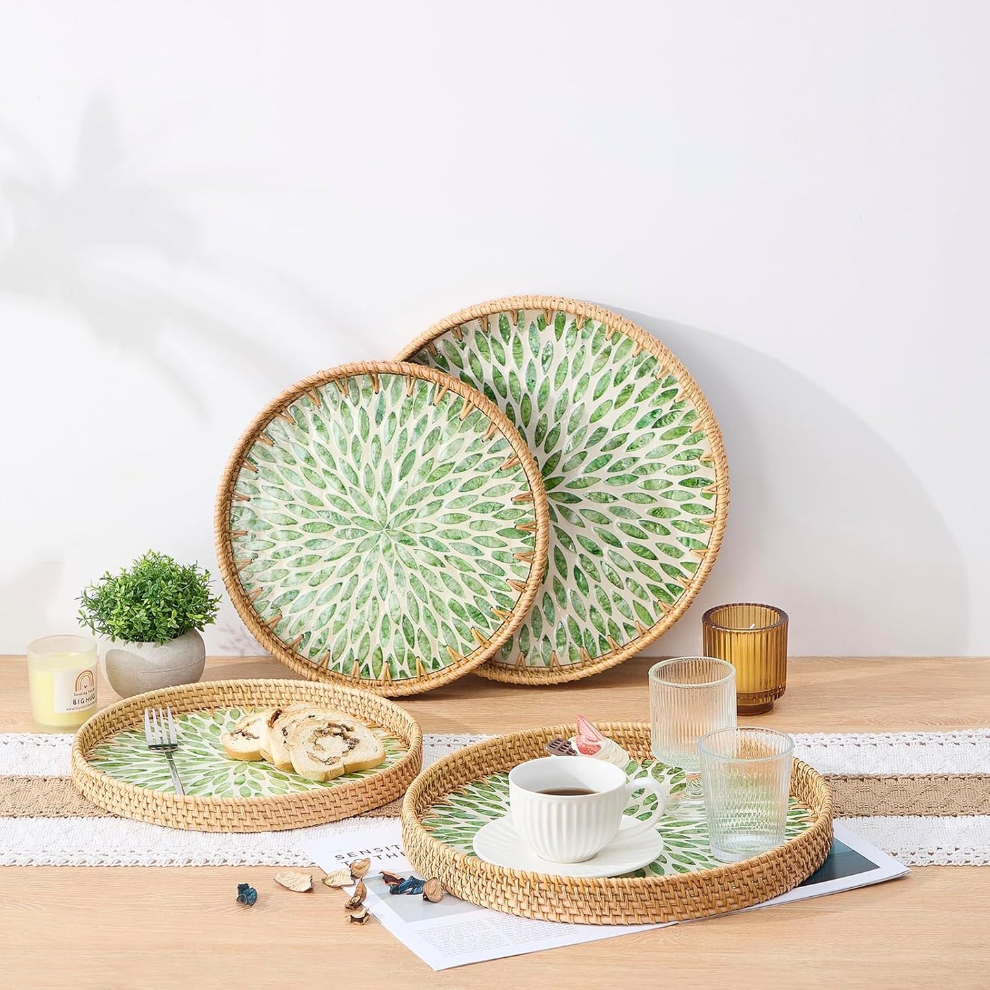 Round Rattan Tray with Mother of Pearl Inlay, Rattan Serving Tray with Wooden Base, Decorative Wicker Basket for Table Decor, Storage and Display of Coffee Bread Food Fruit (Leaf 13.5")
