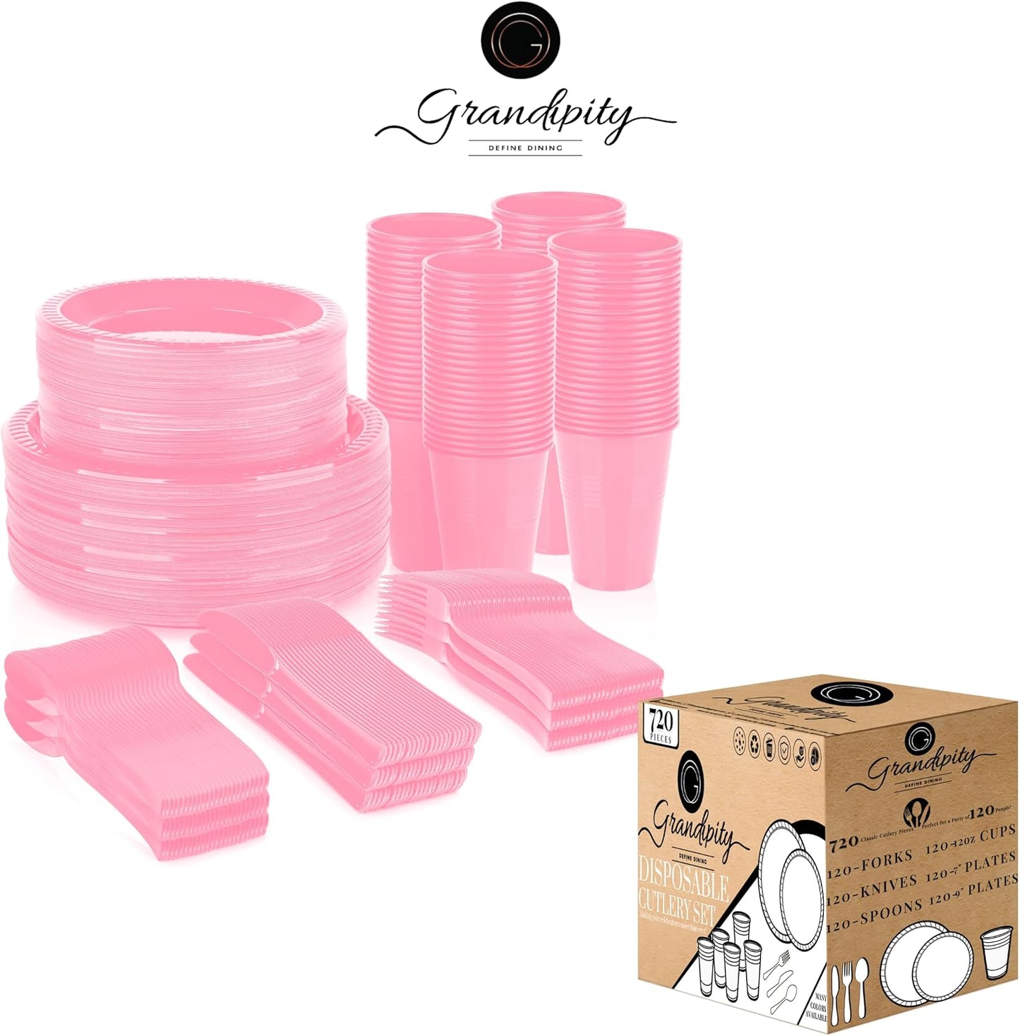 Grandipity 720 Piece Pink Disposable Dinnerware Set, Plastic Dinnerware Set Includes 120 Count 9' Dinner Plates, 7' Dessert Plates, 12oz Cups, Forks, Knives & Spoons