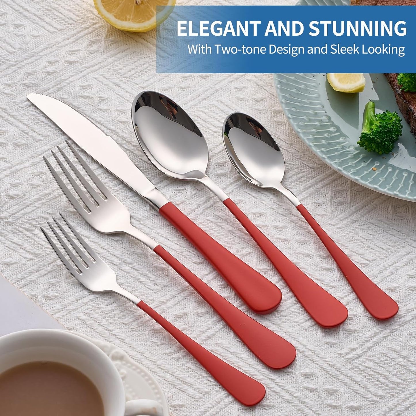 20-Piece Red Silverware Set, 18/0 Stainless Steel Red Handle Flatware Set, Service for 4, Modern Cutlery Set Includes Dinner Knives Forks Spoons, Mirror Polished, Dishwasher Safe