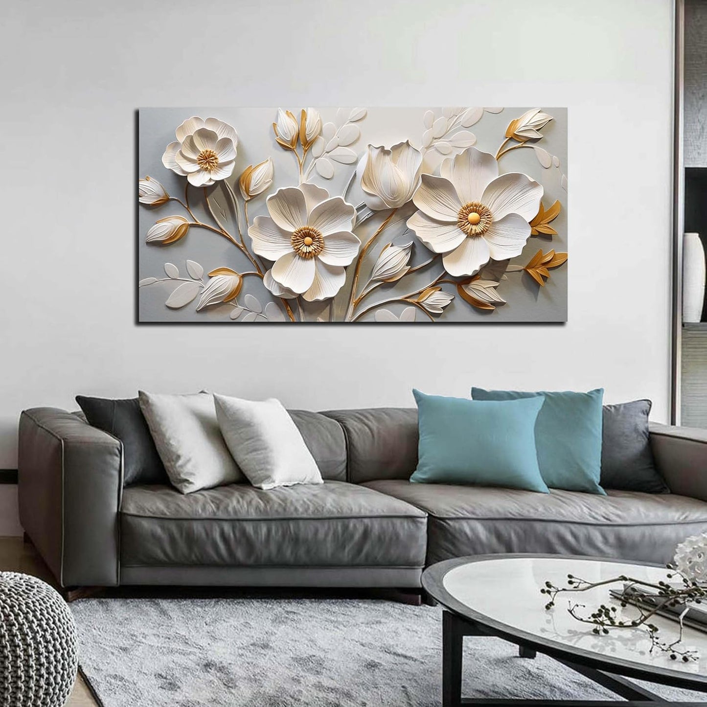 AOZEMI White Flowers Wall Art Floral Pictures Art Botanical Canvas Plant Prints Gold Wall Decor for Living Room Bedroom 24x48