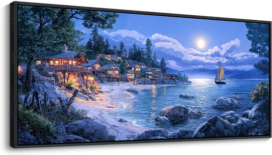 CHATYOUNG Large Beach Wall Art, Blue Sea Ocean Night Landscape Framed Painting Coastal Moon Modern Pictures Artwork for Bedroom Living Room Kitchen Home Office Wall Decor 71"x32"