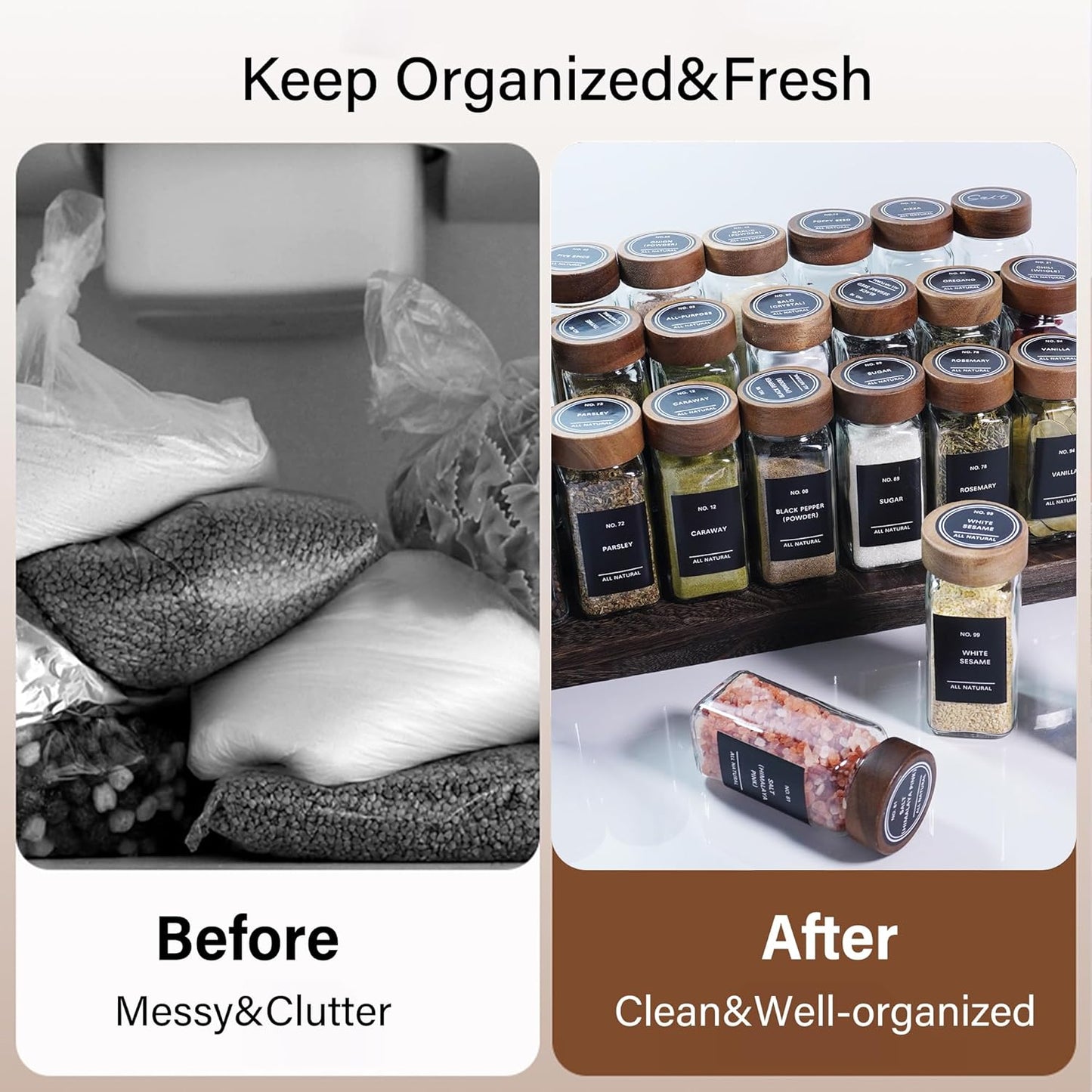 Spice Jars with Labels 24 Pack 4 oz Glass Spice Containers with Wooden Lids, Empty Seasoning Jars Set with Funnel, Brush & Marker, Square Glass Jars for Kitchen Pantry Organization & Storage