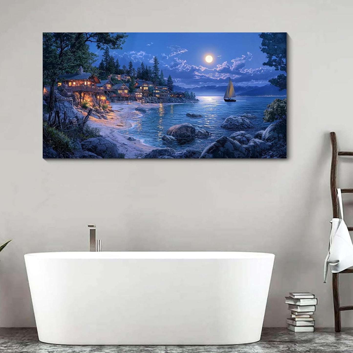 CHATYOUNG Bedroom Ocean Wall Art, Large Moon Night Sea View Canvas Wall Pictures Seashore Navy Blue Modern Artwork Wall Painting for Bedroom Living Room Kitchen Home Office Decor 29x58 IN