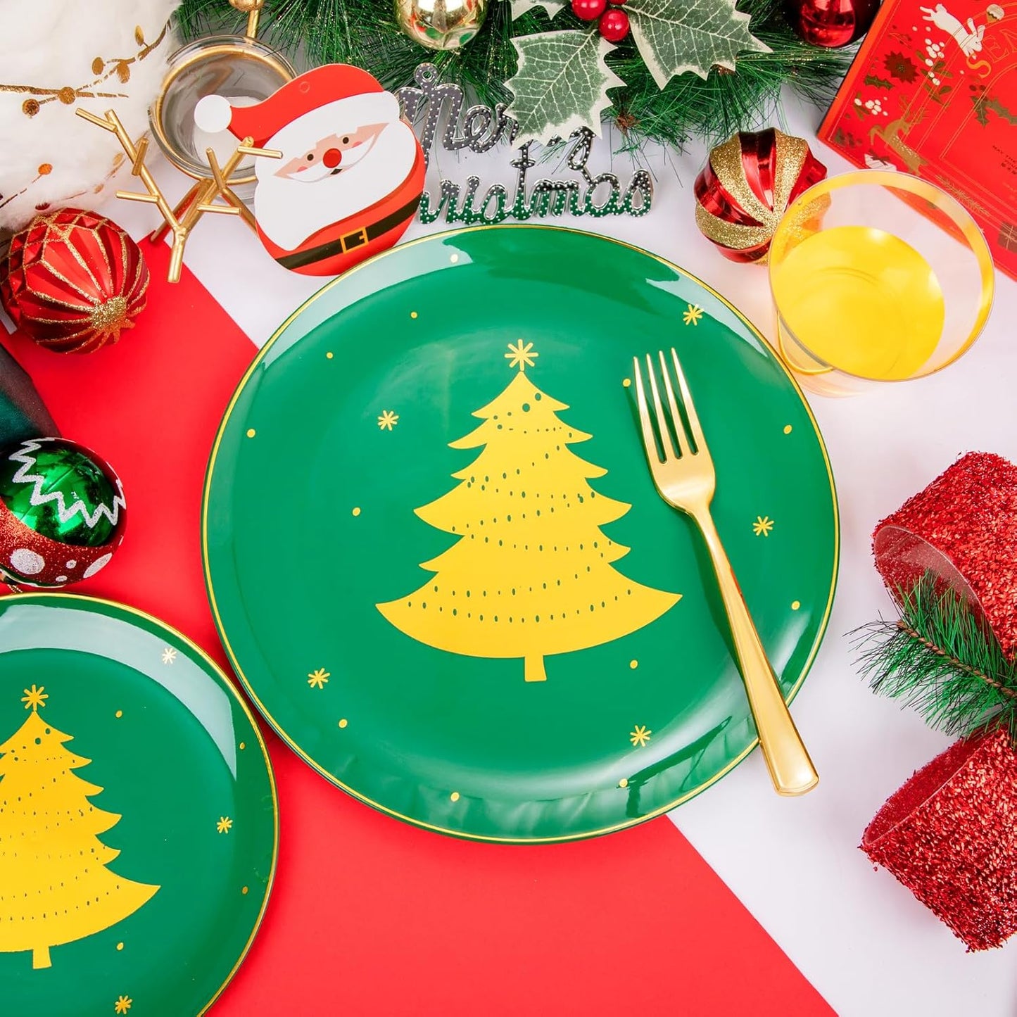 WDF 150pcs Christmas Plates Plastic Disposable - 25 Guests Green Plates with Gold Tree, Gold Plastic Silverware, Clear Gold Cups, Christmas Design Perfect for Christmas Parties, EJ