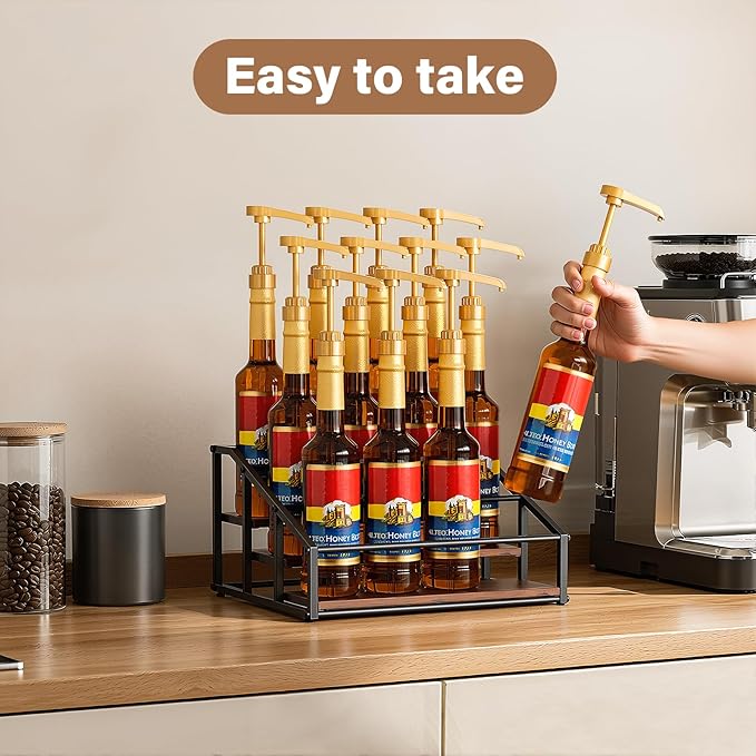 Coffee Syrup Organizer Rack, Liquor Bottle Display Shelf, 3 Tier 12 Syrup Bottles Holder Stand for Coffee Bar Kitchen Small Wine Rack for Family Storage for Syrup Wine Dressing
