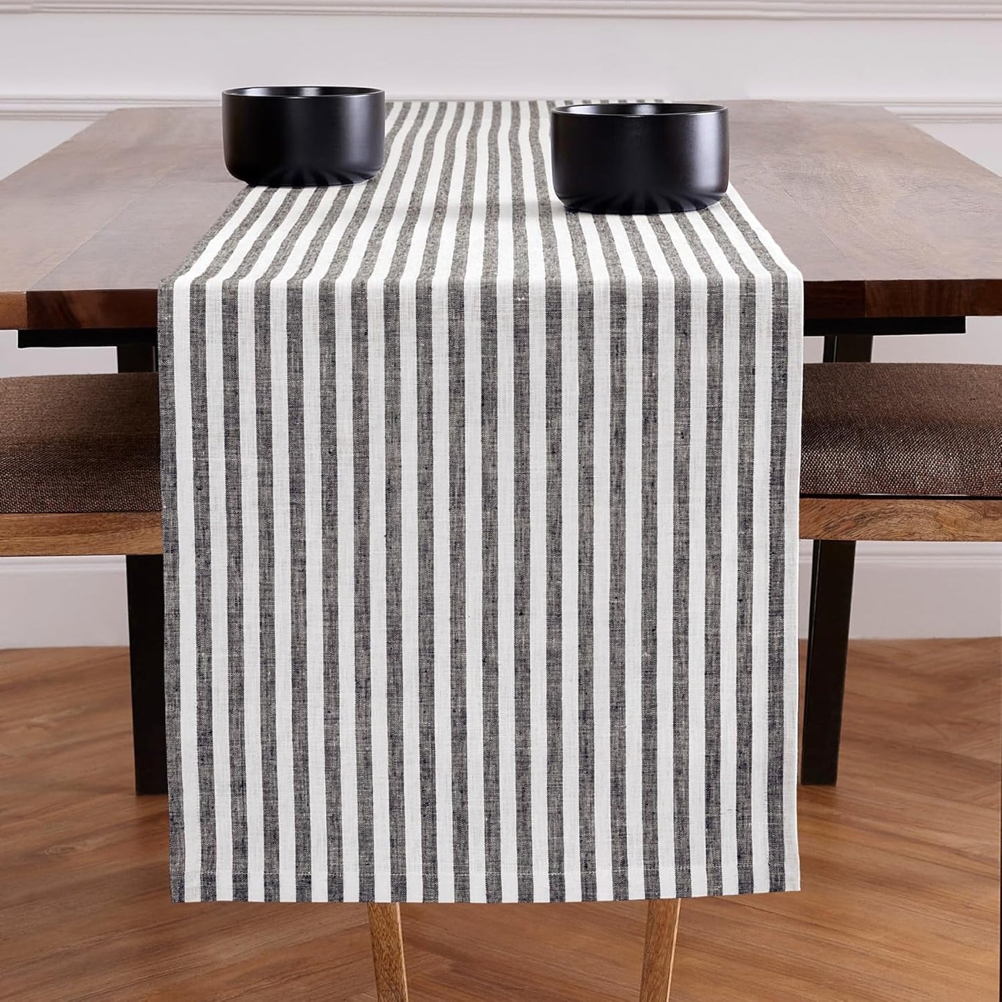 Solino Home Linen Table Runner 120 Inches Long - Amalfi Stripe, 100% Pure Linen Black and White Farmhouse Table Runner 16 x 120 Inch for Dining, Fall, Autumn, Halloween, Thanksgiving