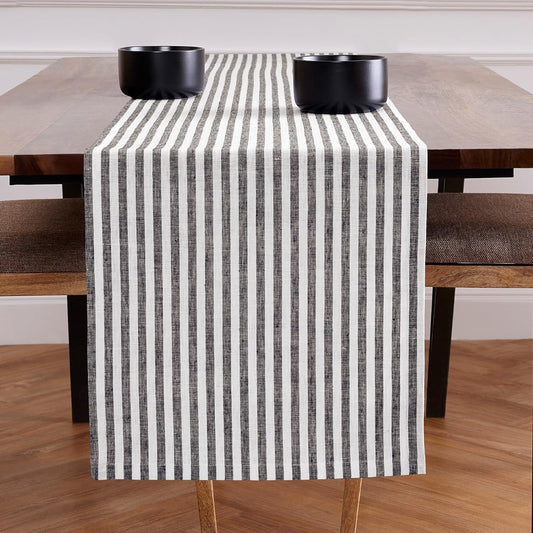 Solino Home Linen Table Runner 120 Inches Long - Amalfi Stripe, 100% Pure Linen Black and White Farmhouse Table Runner 16 x 120 Inch for Dining, Fall, Autumn, Halloween, Thanksgiving