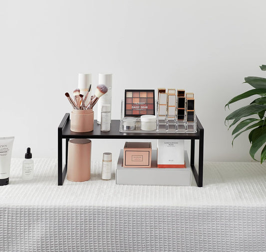 Nxconsu 2Pack Cabinet Shelves Stackable Shelf Organizer Rack Riser for Kitchen Cabinet Pantry Cupboard Counter Countertop Home Organization Storage Space Saver Heavy Duty Metal Nonslip Black