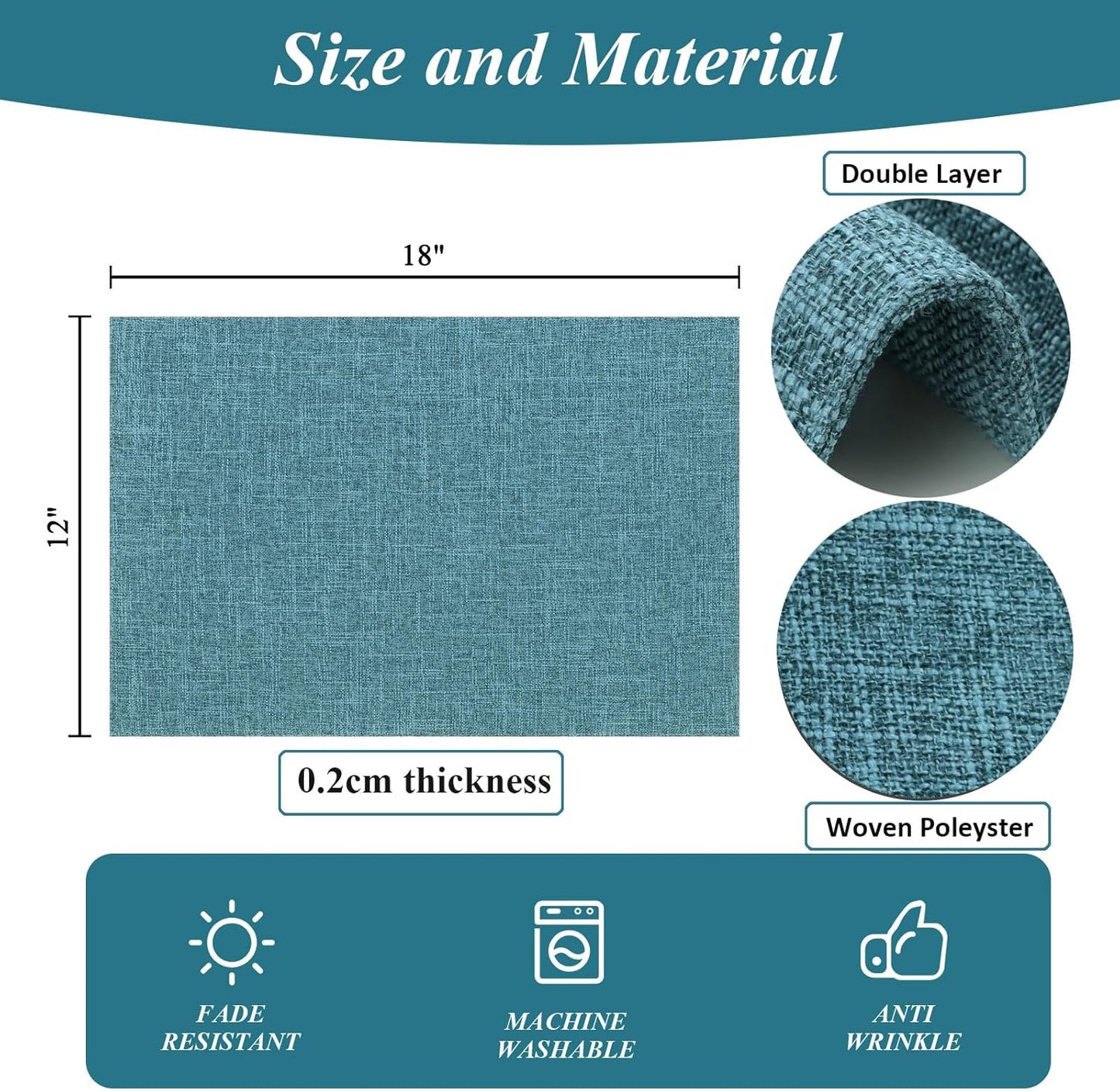 SHACOS Fabric Placemats Set of 4 Non Slip Machine Washable Heat Resistant Cloth Table Mats Soft Polyester Place Mats for Kitchen Dining Table, Dark Teal