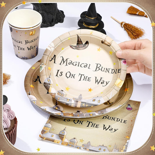 Dandat 350 Pcs Baby Shower Plates Set Baby Shower Party Supplies Serves 50 Tableware Sets Include Plates Napkin Cup Forks Knives Spoons Disposable Dinnerware(Magical Wizard,Black)