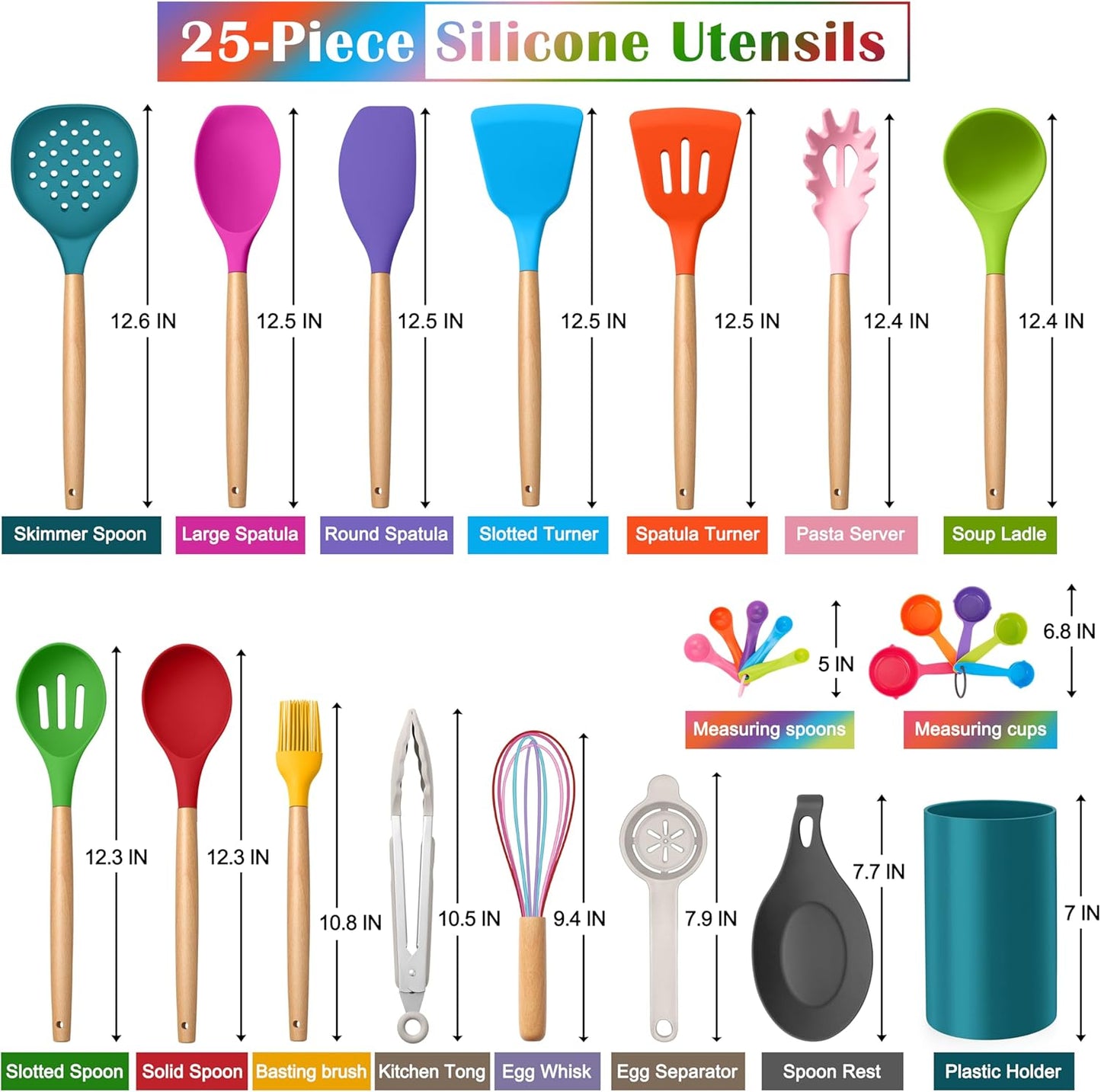 E-far Colorful Silicone Kitchen Utensils Set with Holder, 25-Piece Cooking Utensil Set with Wooden Handle for Nonstick Cookware, 446°F Heat Resistant Kitchen Tool Spatulas, Non-toxic & Healthy