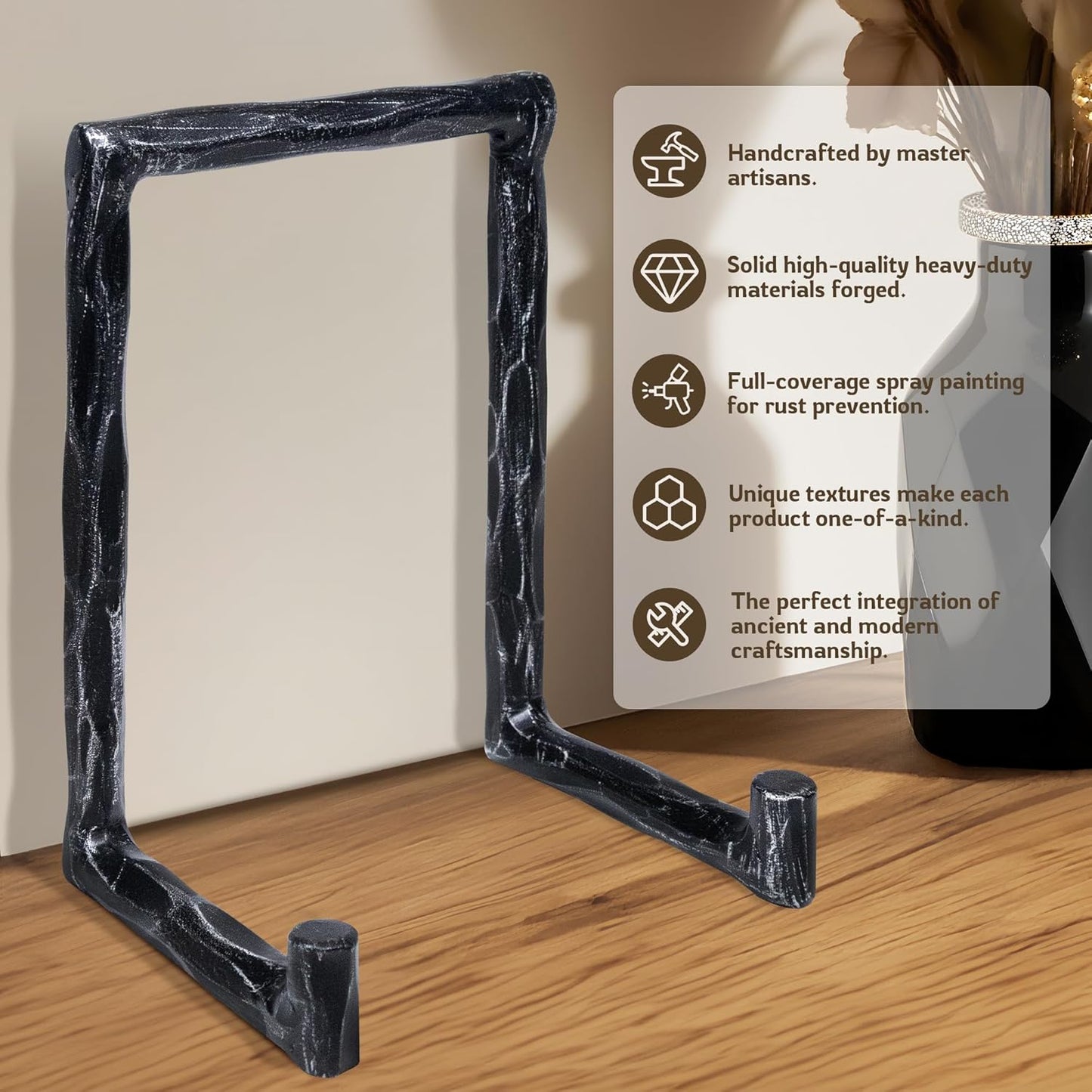 Plate Stands for Display Hand-Forged , Solid Vintage 8-Inch Plate Display Stand, Decorative Metal Plate Holder for Book, Platter, Plaque, Photo Frame, Tabletop Art (Black)