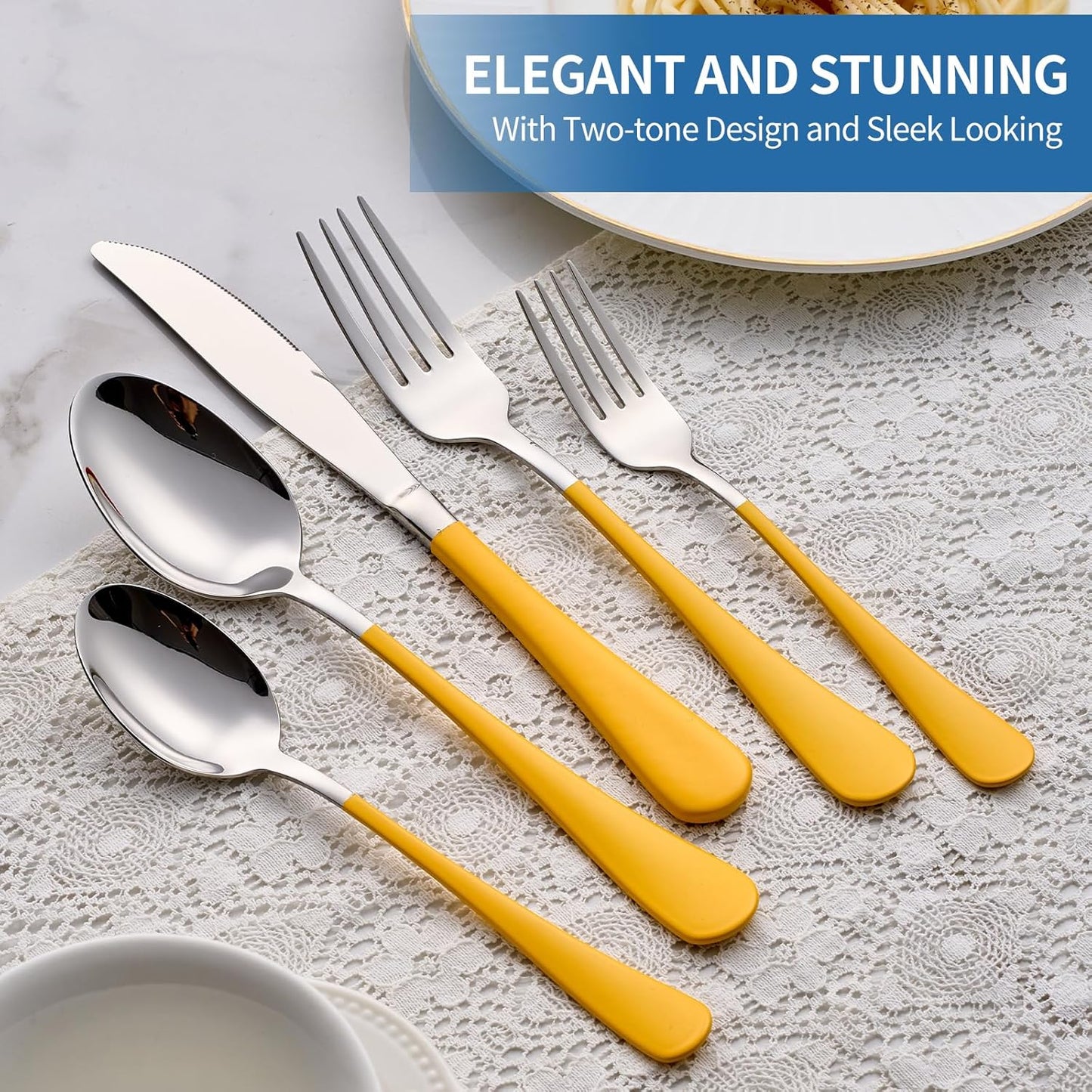 20-Piece yellow Silverware Set, 18/0 Stainless Steel yellow Handle Flatware Set, Service for 4, Modern Cutlery Set Includes Dinner Knives Forks Spoons, Mirror Polished, Dishwasher Safe