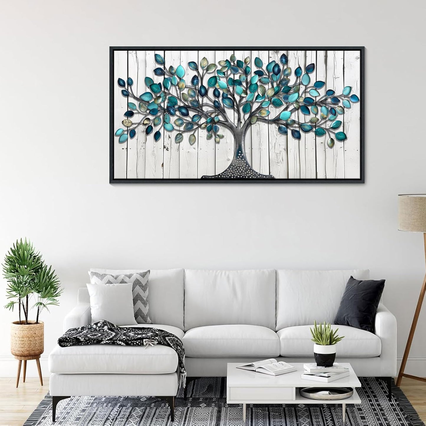 CHATYOUNG Wall Art for Living Room - Large Size 48"x24" Framed Paintings Green Tree of Life Grey White Background Modern Pictures Artwork for Bedroom Dining Room Office Kitchen Home Decor