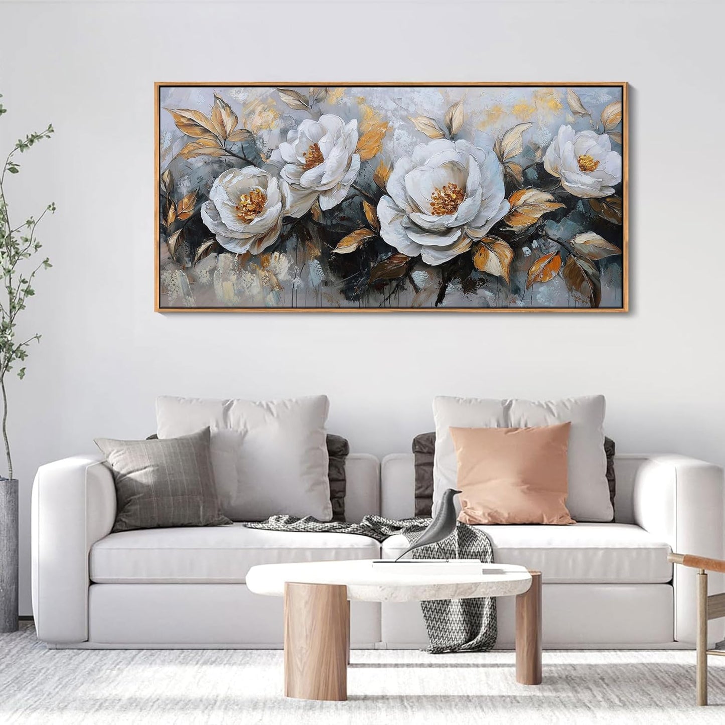 HKDGOKA Large Vintage Canvas Wall Art, White Gold Peony Flowers Paintings Abstract Floral Golden leaves Framed Artwork Picture for Living Room Bedroom Kitchen Home Office Decor 24x48 IN