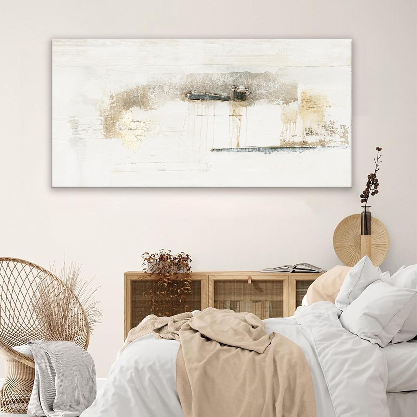 QSQ Abstract Wall Art Off White Large Size Artwork Wall Decor Canvas Painting Stretched Canvas Wooden for Living Room Bedroom Office Home Decor ready for hanging 29"x58"