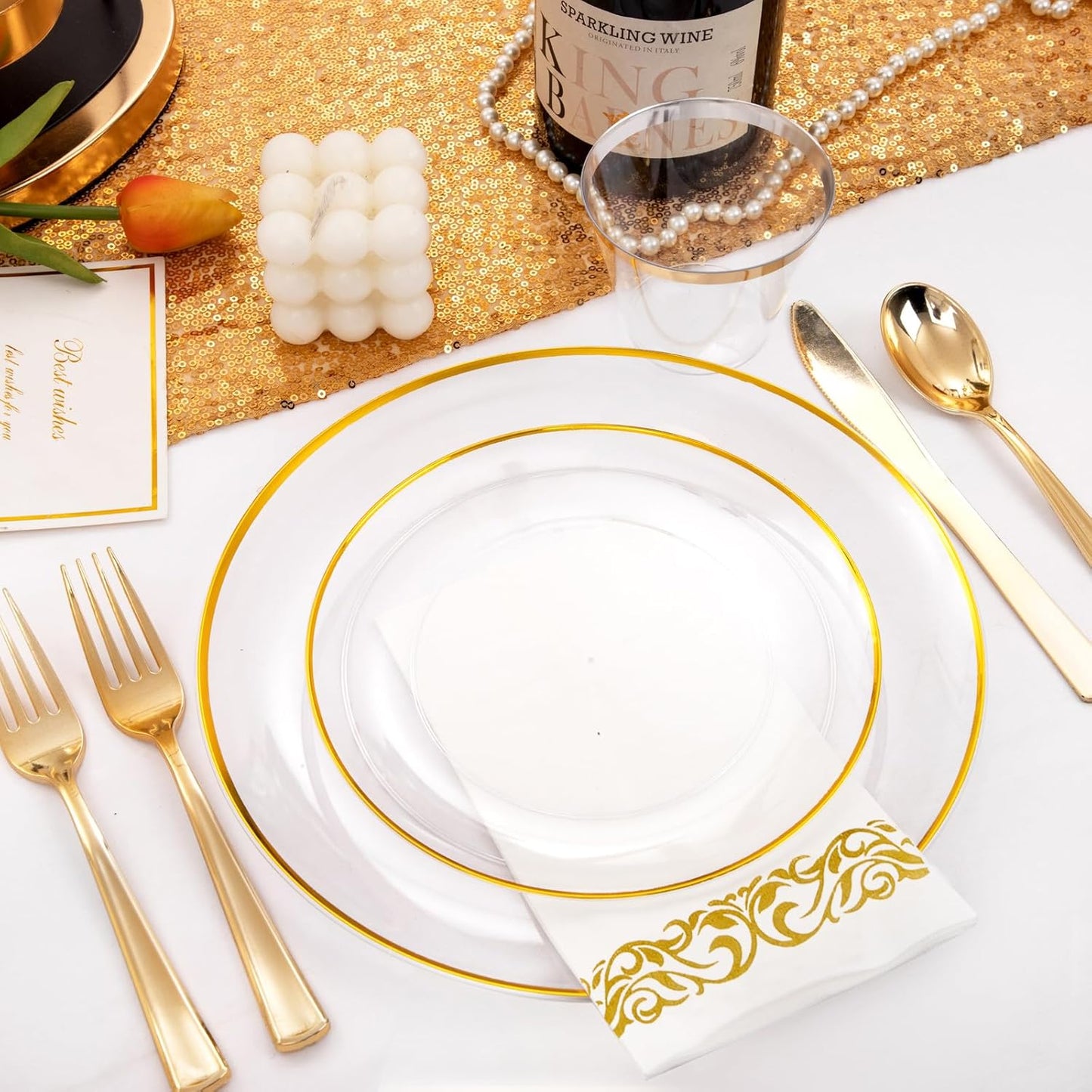 NOCCUR 350PCS Clear and Gold Plastic Plates - Gold Disposable Plastic Dinnerware Set for 50 Guests Include 100 Plastic Plates, 150 Gold Cutlery, 50 Cups&50 Napkins Idea for Wedding/Party/Thanksgiving