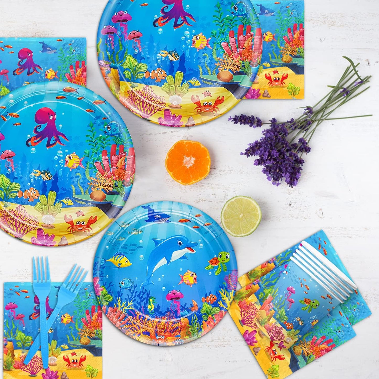 120 Pcs Under the Sea Party Decorations Ocean Birthday Party Plates and Napkins Set Sea Animal Theme Tableware Set Underwater Creatures Table Decor Supplies Paper Plates Napkins Cups for 24 Guests