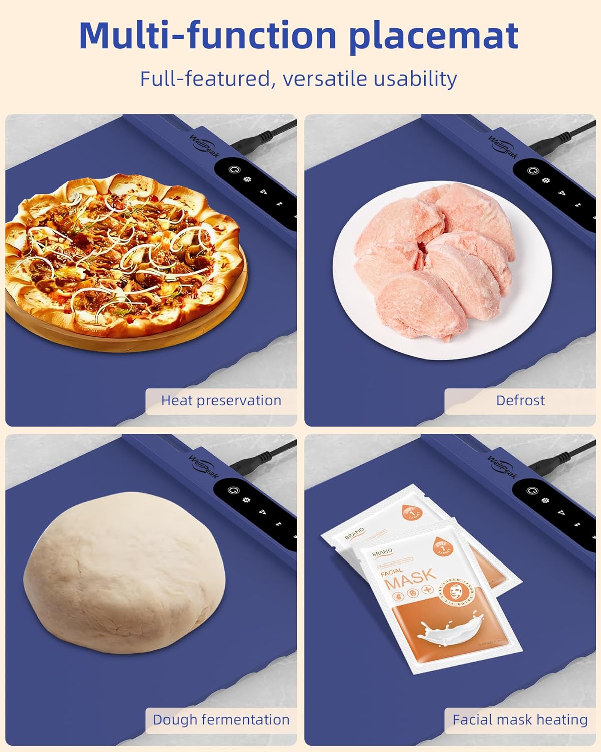 Electric Warming Mat for Food (2-Pack)- Full Surface Fast Heating Silicone Warmer Tray with 3-Level Temperature, Auto-Off, Raised Feet for Table Protection for Gatherings, Parties, Home Buffets, Blue