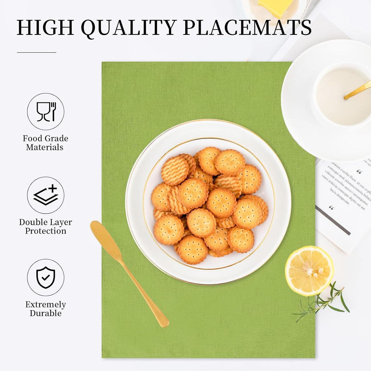Placemats Set of 6 Linen Type Fabric Cloth Placemats, 19 x 13 Inch Double Layered Thick Wrinkle Free Heat Resistant Table Place, for Dining, Kitchen, Party (Green, 48 * 33cm)