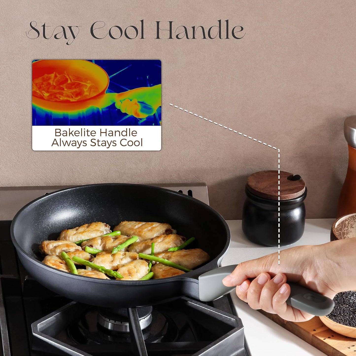 PRICUSIS Nonstick Frying Pan, 8/10/12 Inch Skillet with Stay Cool Handle, Fully Coated, Induction Compatible & Oven Safe, 100% Dishwasher Safe, PTFE & PFOA Free（8 Inch, Black Sesame）