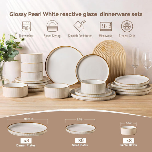 GBHOME Stoneware Dinnerware Sets for 8, Round Reactive Glaze Ceramic Plates and Bowls Set, Highly Scratch Resistant | Dishwasher & Microwave Safe Set，Service for 8（24pcs)
