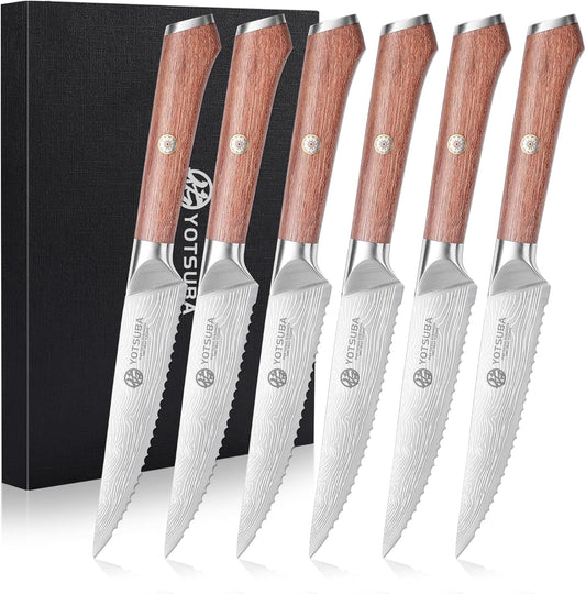 YOTSUBA Steak Knives Set of 6, 4.5 Inch Steak Knife Set, Razor-Sharp High-Carbon Stainless Steel Kitchen Steak Knife with Ergonomic Wood Handle, Dinner Knives with Gift Box