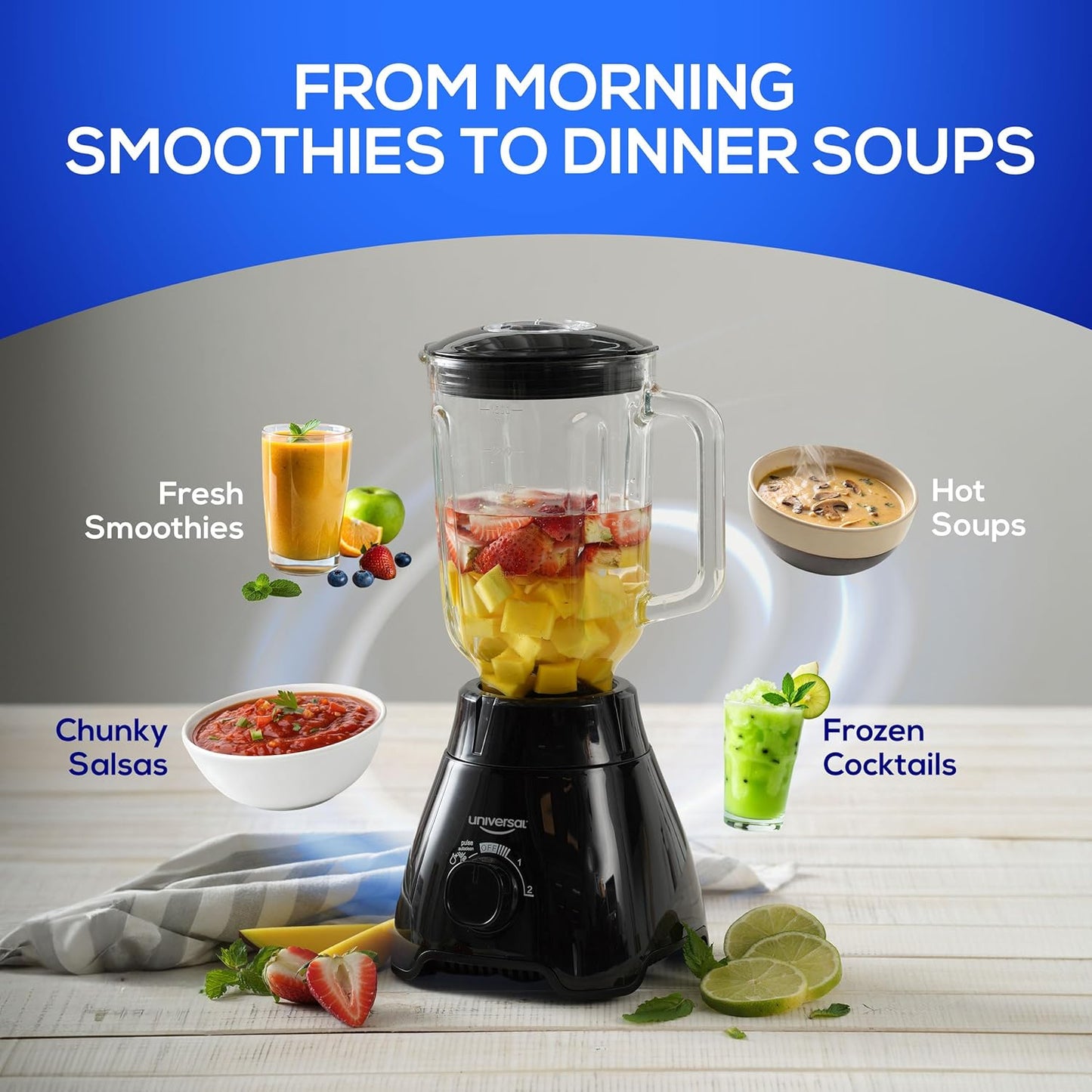 Universal 550W Mass Vital Blender - Glass Jar 57 Oz/1.8 Quart/1.7 Liter - 7-cup, 2 Speed + Pulse Function and 4 Stainless Steel Blade with Chrome Steel Technology