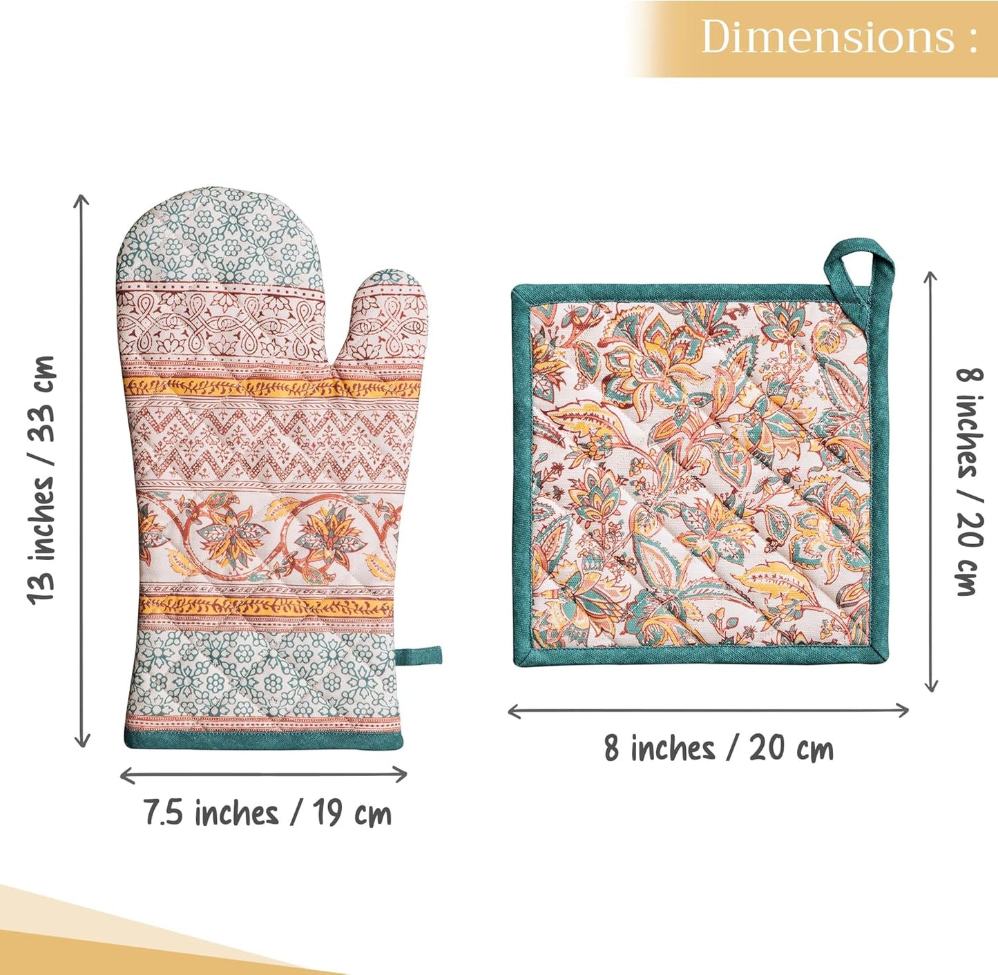 Maison d' Hermine 100% Cotton Oven Mitt & Pot Holder Set (7.5"x13" & 8"x8") Heat Resistant BBQ Cooking Gloves with Loop for Thanksgiving Christmas Decorations Handling Hot Pans (Nila)